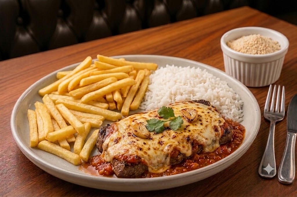 Foto ilustrativa de Contra Filé à Parmegiana — imagem provisória, será substituída pela foto real do prato