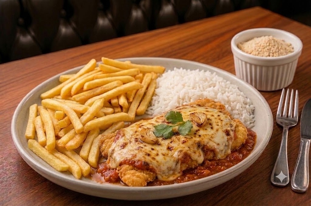 Foto ilustrativa de Filé de Frango à Parmegiana — imagem provisória, será substituída pela foto real do prato