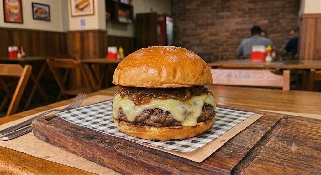 Foto ilustrativa de X Burguer com Cebola — imagem provisória, será substituída pela foto real do prato
